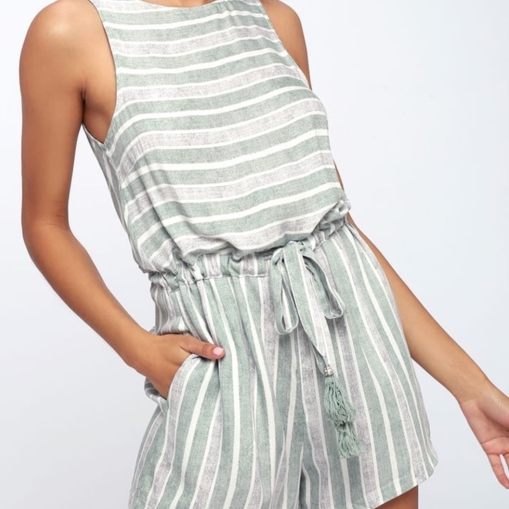 MINKPINK Green and White Striped Romper